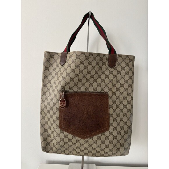 Authentic Vintage GUCCI Oversized Canvas Tote, Sherry Line GG MONOGRAM Leather - Picture 1 of 16